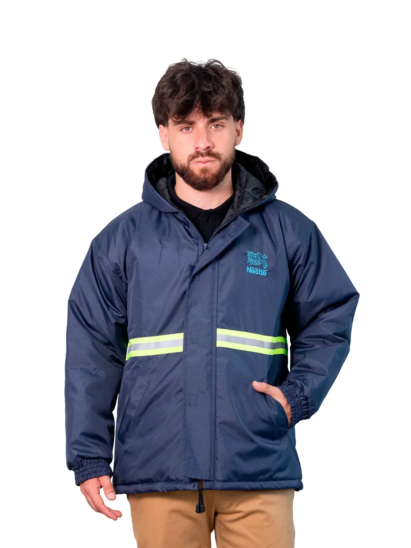 CAMPERA ABRIGO DE TRACKER FORRADA CON MATELASSE CON CAPUCHA, Y TAPA DE CIERRE - REFLECTIVO