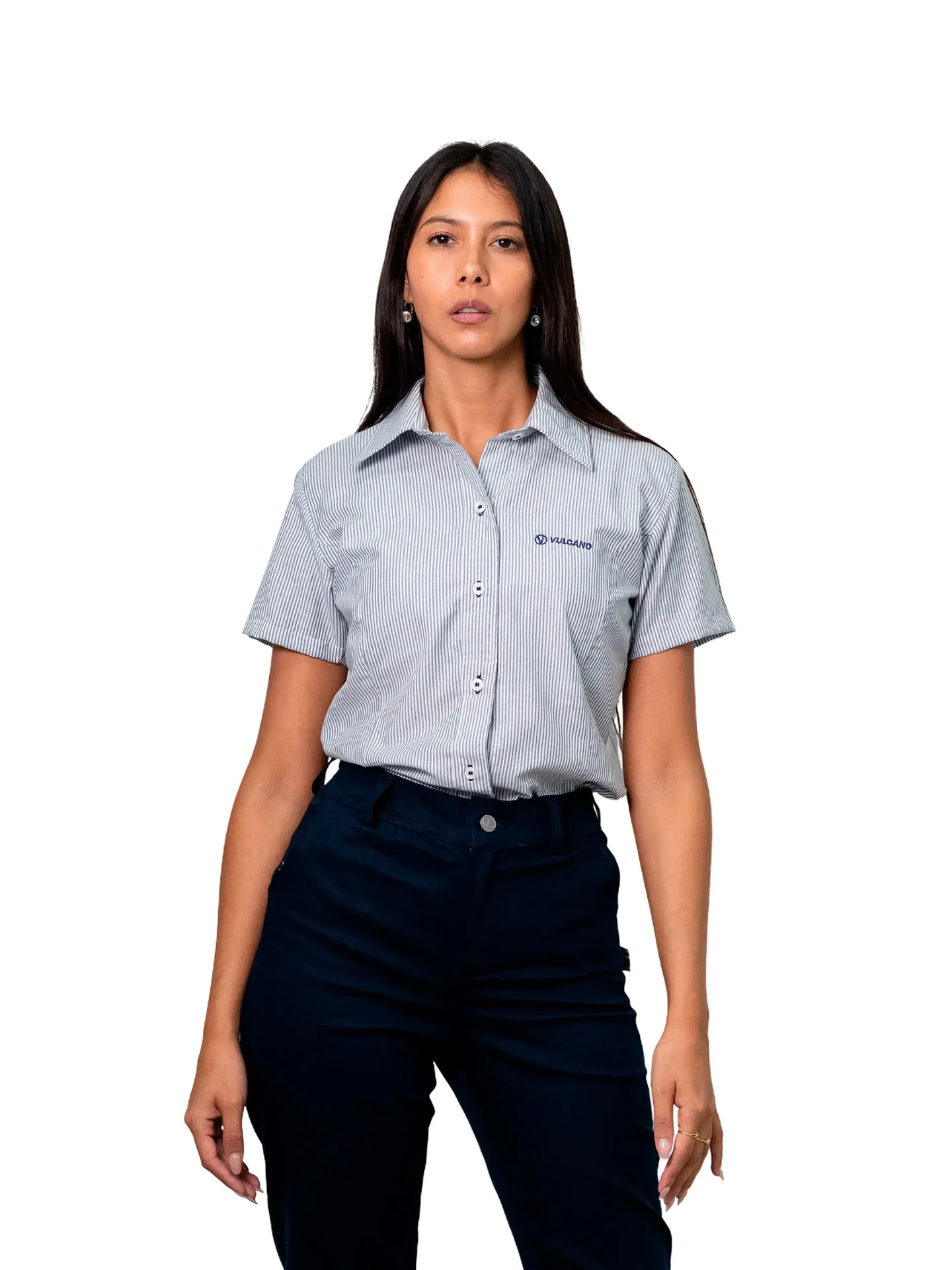 [F10.1] CAMISA MUJER BATISTA RAYADA  MANGAS CORTAS (Azul Marino / Blanco)