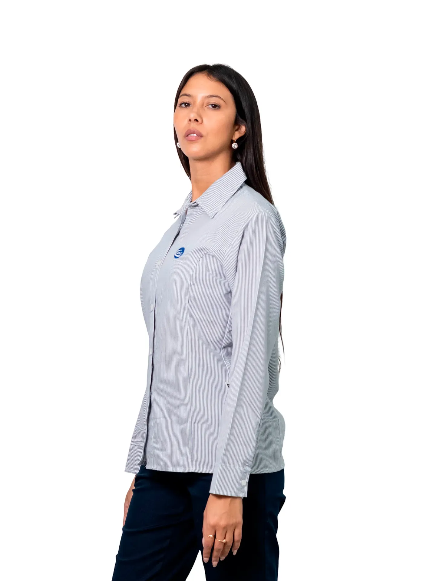 [F11.1] CAMISA MUJER BATISTA RAYADA  MANGAS LARGAS (Azul Marino / Blanco)